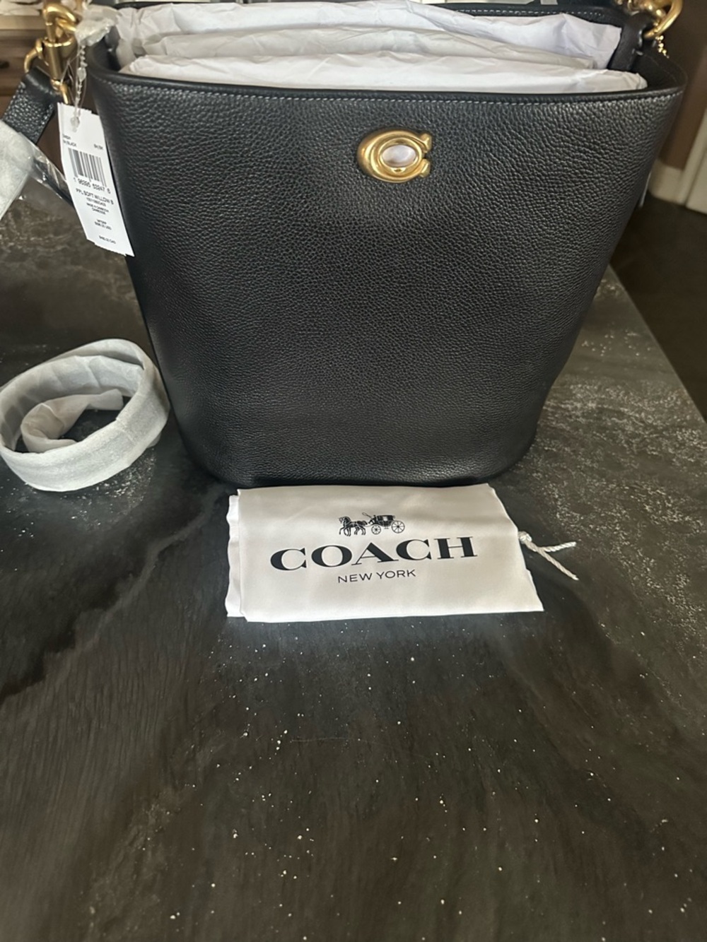 Coach Black Pebbled Leather Bucket Bag with Gold Hardware Accent